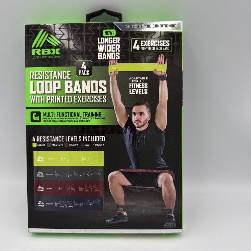 RBX Resistance Loop Bands 4 Pack with Printed Exercises Brand New